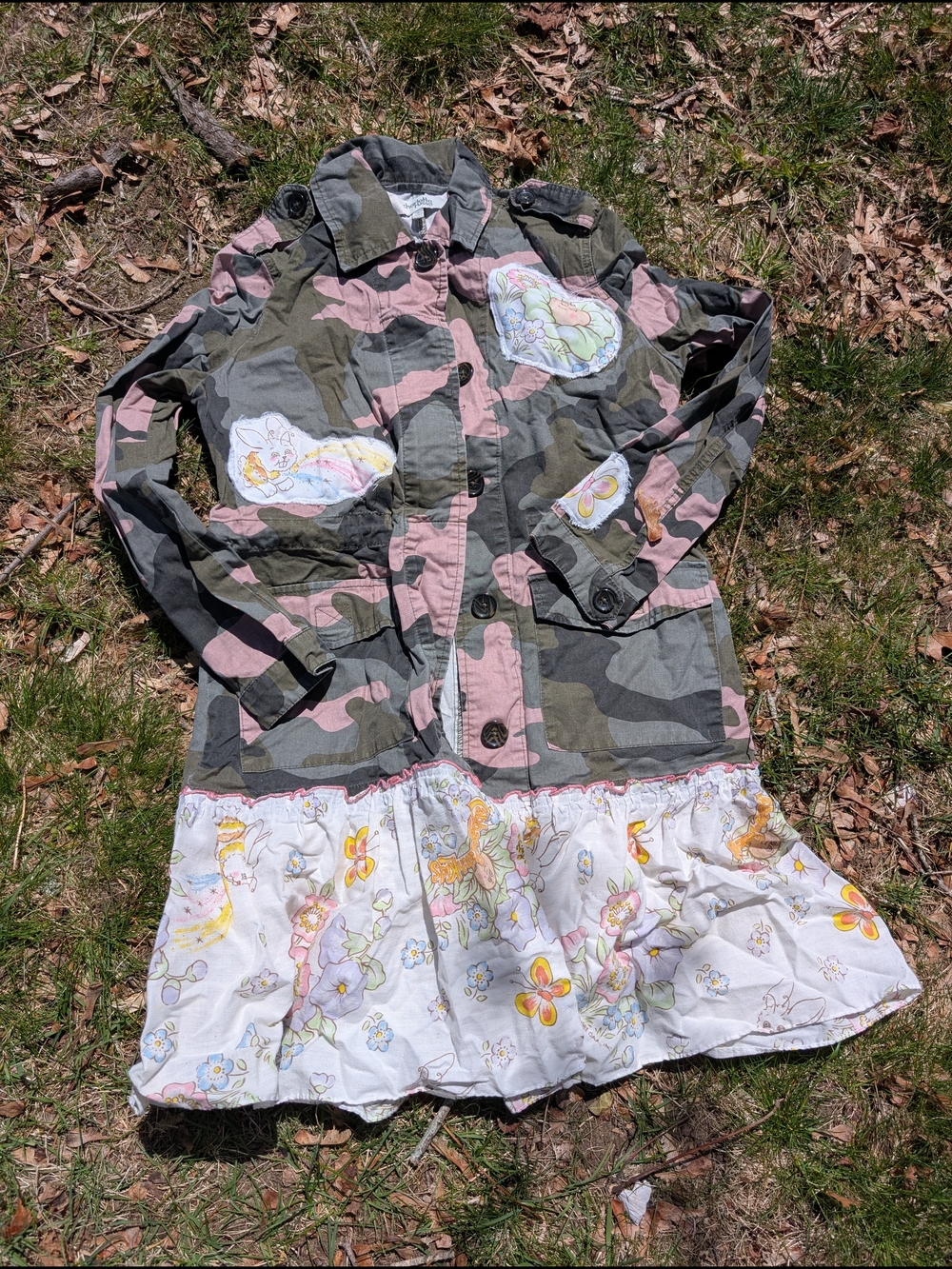 Upcycled Vintage Cabbage Patch Pink Camouflage Utility Jacket with Floral Trim